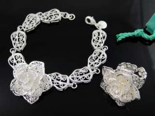 SILVER PLATED NEW Flowers&LEAF BRACELET&RING FREE S40  