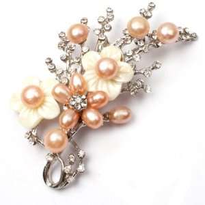  pink pearl white gold plated flower brooch pin 40x70mm 