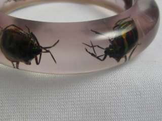CLEAR LUCITE BANGLE BRACELET W/ 6 BRIGHT SCARAB BUGS  