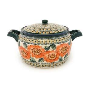  Polish Pottery Peach Floral Round Baker with Lid Kitchen 