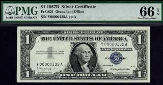 1957 B $1 SILVER CERTIFICATE PMG 66 EPQ~ LOW SERIAL # Y00000135A 