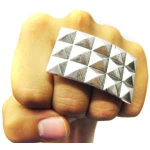    Triple Row Pyramid Stud Silver Double Finger Ring Toys & Games