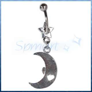 Silver Moon and Star Navel Belly Button Dangle Ring Bar HEART Piercing 
