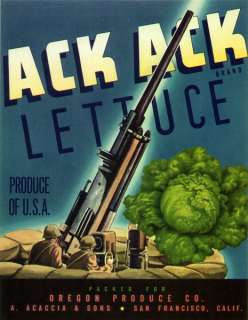 Ack Ack Brand Lettuce Crate Label Army Machine Gun  