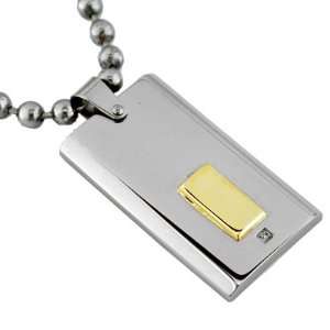  Mens 14K Gold Diamond Stainless Steel Dog Tag Necklace 