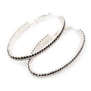 Black & White Swarovski Crystal Oval Hoop Earrings (Silver Tone Finish 