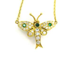   61ct Diamond & 0.10ct Emerald Moth Butterfly 18K Yellow Gold Necklace