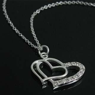 FASHION JEWELRY CHIC ZIRCON TWO HEART SILVER NECKLACE VALENTINES DAY 